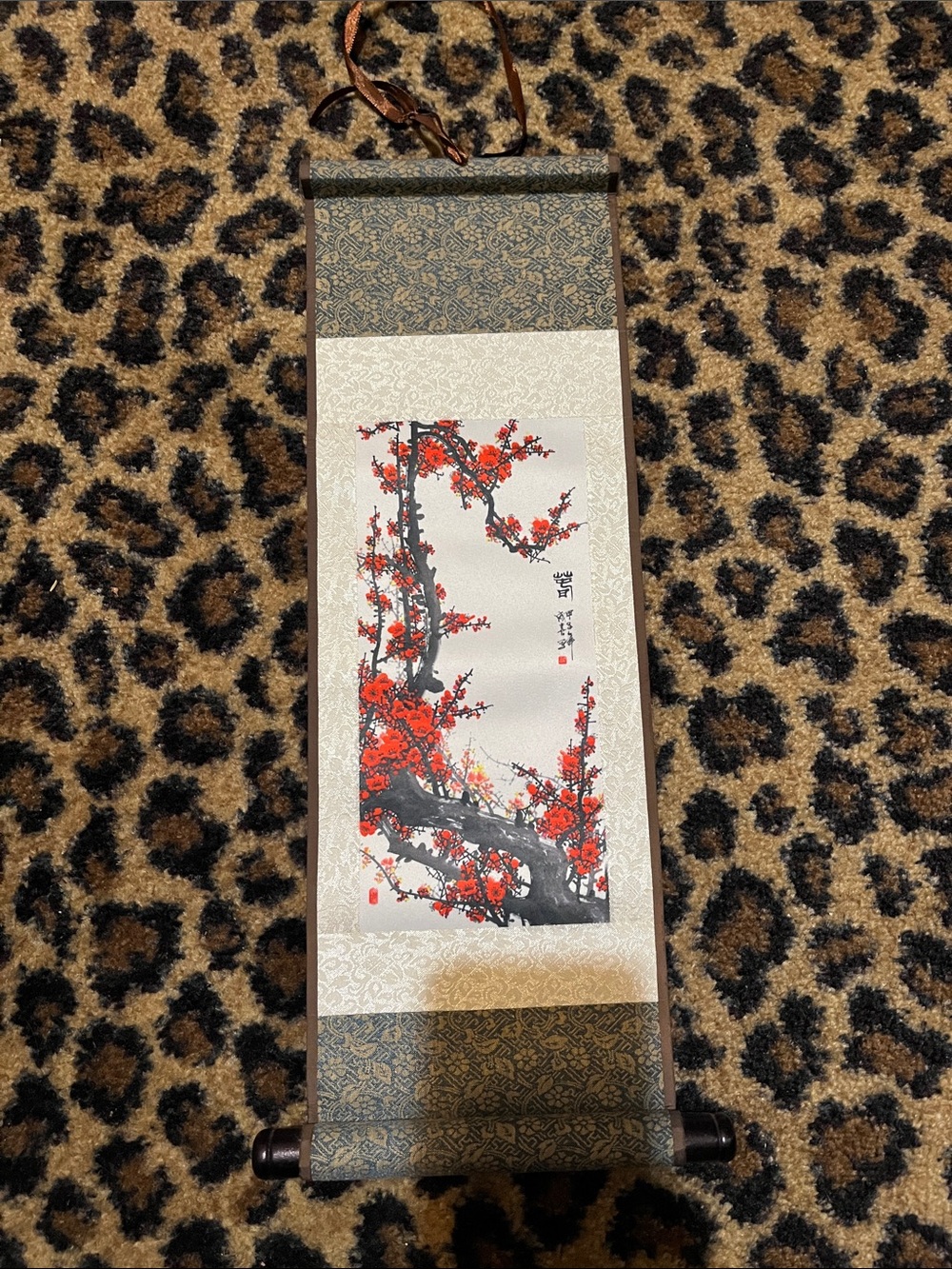 Asian Red Blossom Hanging Wall Scroll - Decorative Home Wall Art